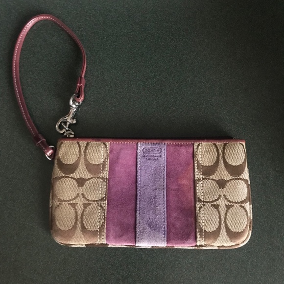 Coach Khaki/Purple Canvas Leather Suede Wristlet - Picture 3 of 16